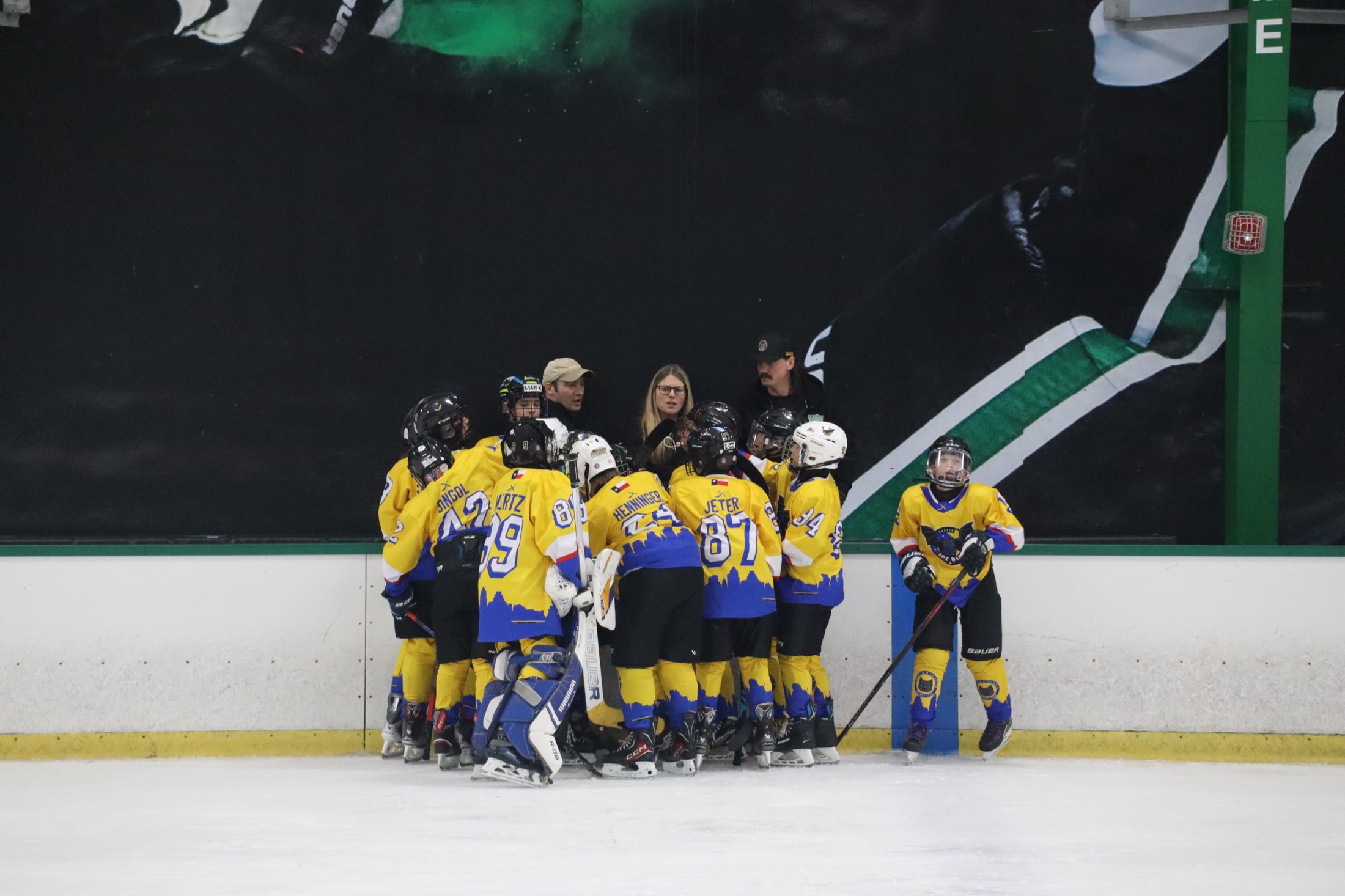 Youth hockey team huddled on the boards